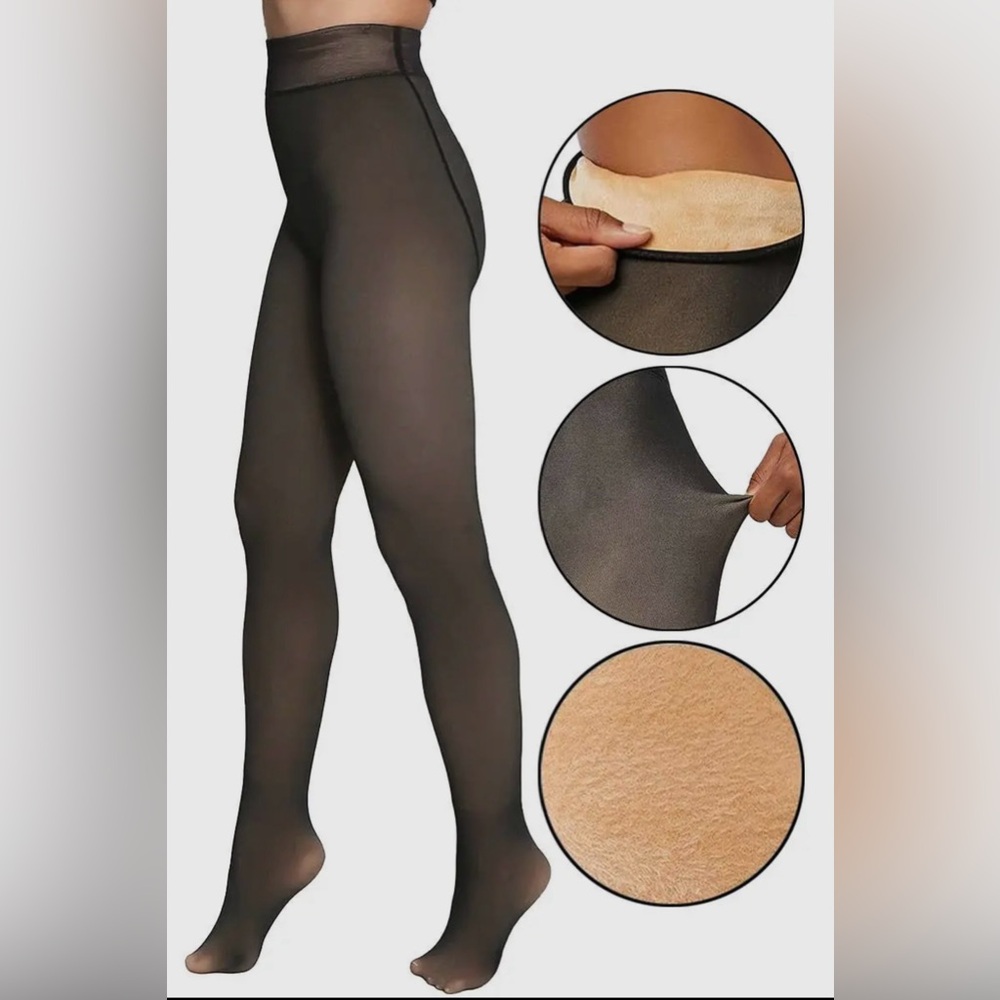 LA 12TH ST | black/nude fleece lined tights/fake/faux sheer winter pantyhose